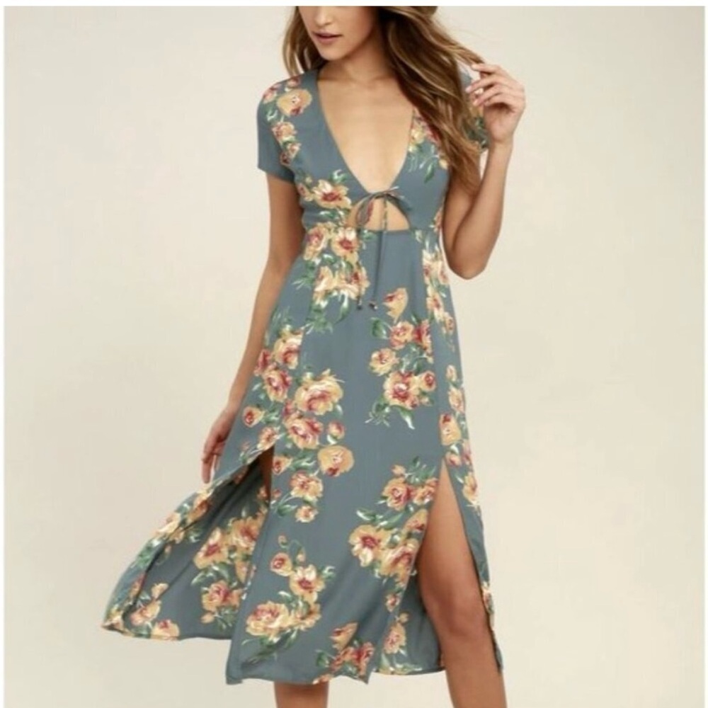 Lulus Floral Teal Midi Dress Summer Edit Sz XS - Picture 2 of 5